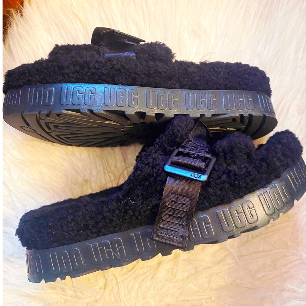 UGG Fluffita Black Platform Metal Buckle Slippers
